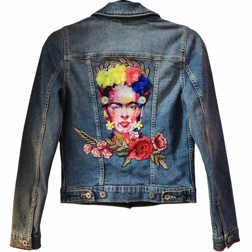 Levi's Denizen Jean Jacket Upcycled W/3D Custom Frida Kahlo Floral Back Design - Picture 2 of 12